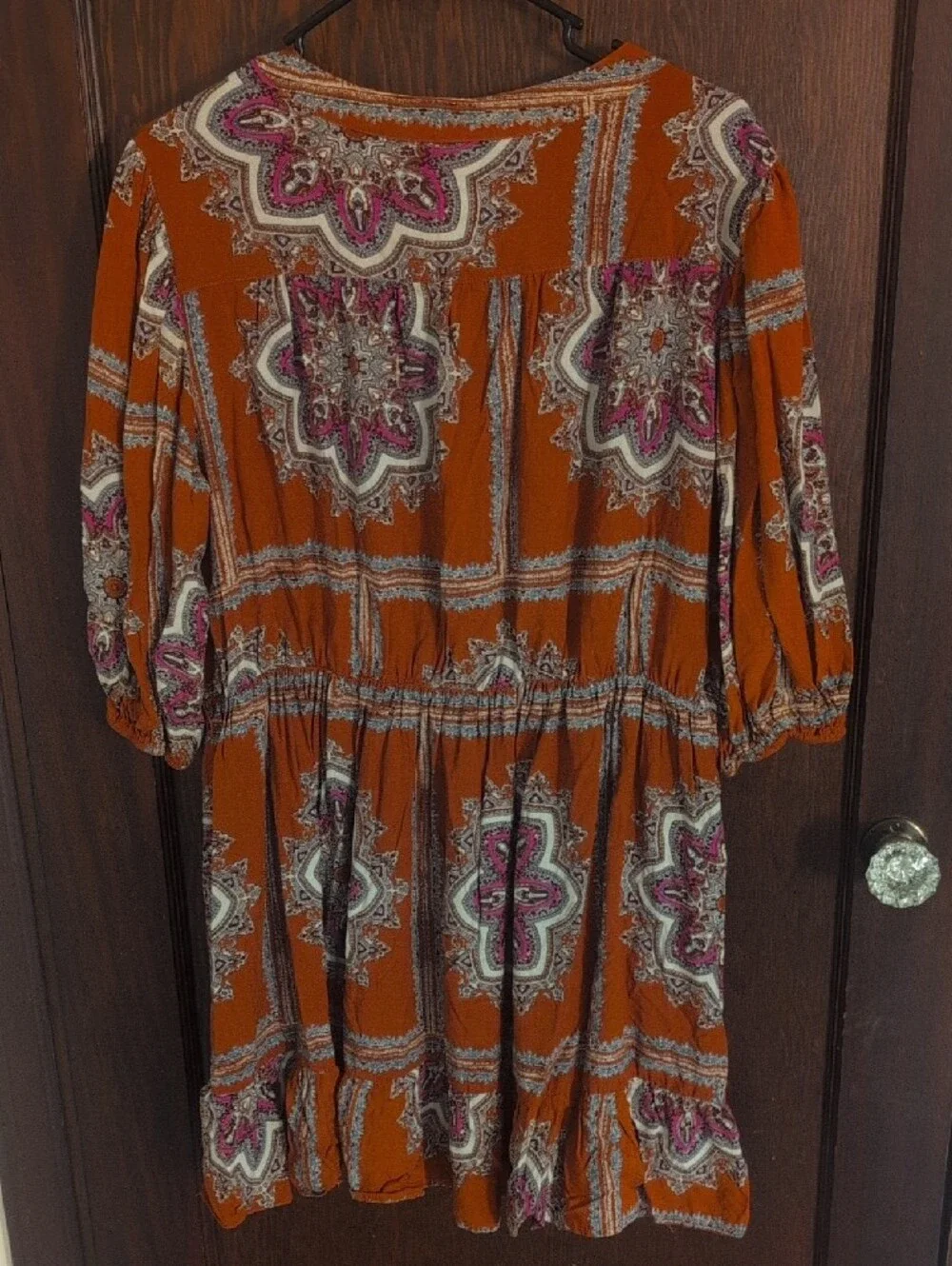 Rust Paisley Button-Front Boho Dress